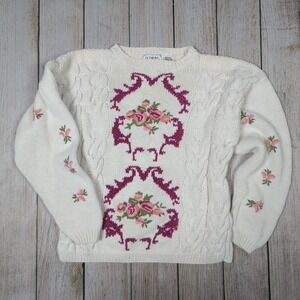 VTG Floral Embroidered Ivory Cable Knit‎ Sweater Cottagecore size S Grannycore